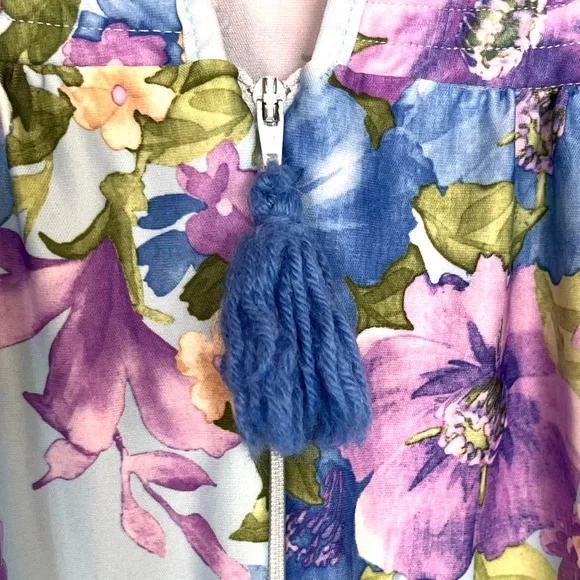 Vintage Nightgown Blue Purple Floral House Dress Zip Up Pom Pom Grandma XXl - Picture 6 of 10